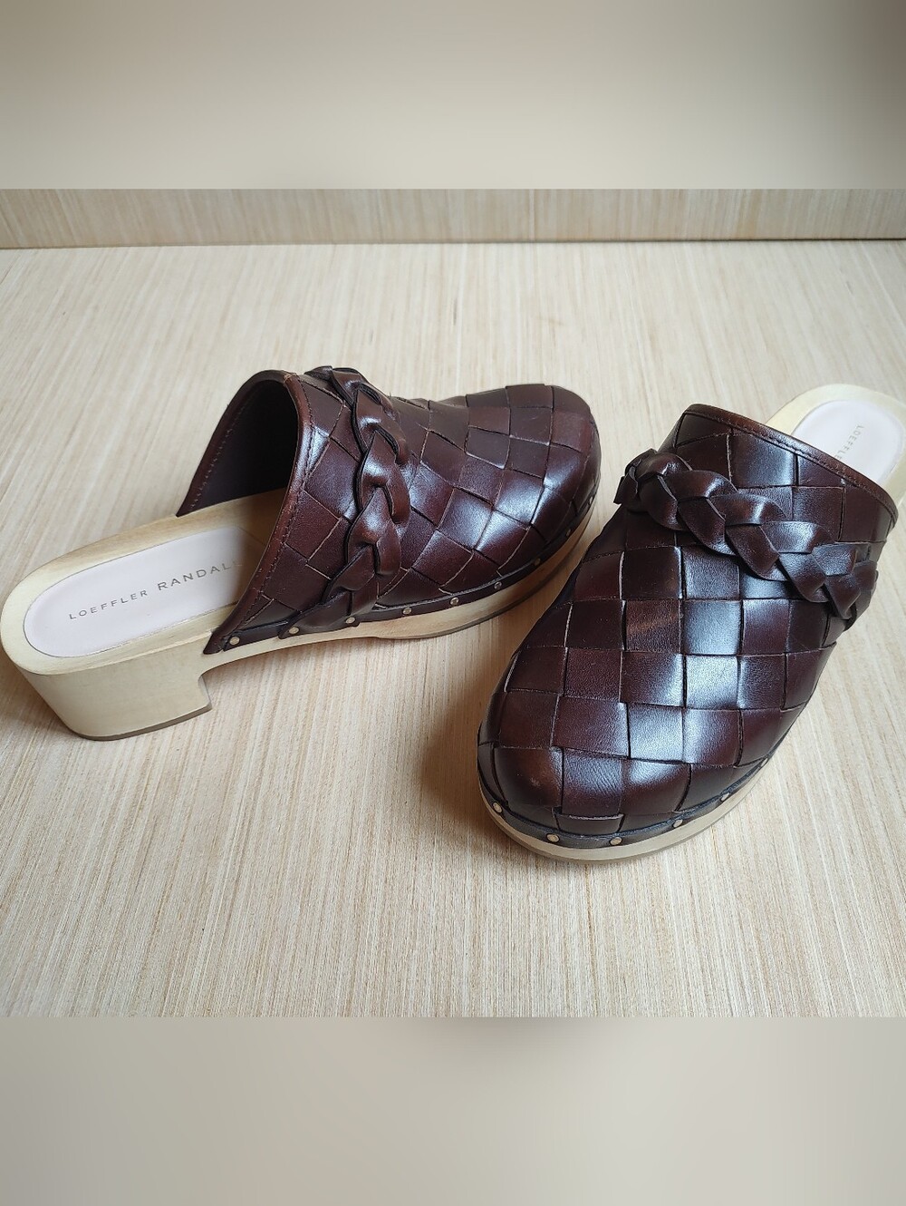 Loeffler Randall Polina Clogs Slides Mules Leather Weave Cherry Brown Sandals 8 - Picture 7 of 16